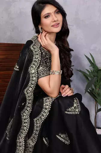 Black shimmer chiffon embroidery saree with unstitched blouse piece