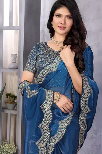 Royal blue soft shimmer chiffon embroidery work designer party wear festive saree with unstitched blouse piece