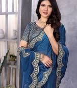 Royal blue shimmer chiffon embroidery saree with unstitched blouse piece