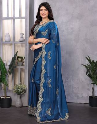 Royal blue shimmer chiffon embroidery saree with unstitched blouse piece 2
