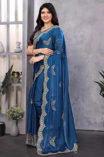 Royal blue shimmer chiffon embroidery saree with unstitched blouse piece