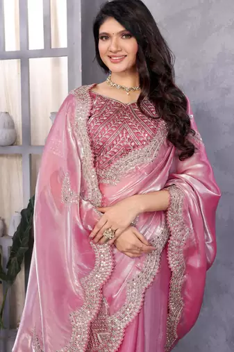 Baby pink soft shimmer chiffon embroidery work designer party wear festive saree with unstitched blouse piece