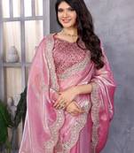Baby pink shimmer chiffon embroidery saree with unstitched blouse piece