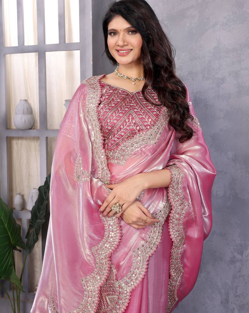 Baby pink soft shimmer chiffon embroidery work designer party wear festive saree with unstitched blouse piece