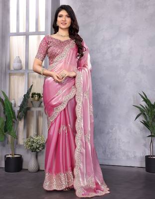 Baby pink shimmer chiffon embroidery saree with unstitched blouse piece 3