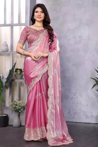 Baby pink shimmer chiffon embroidery saree with unstitched blouse piece