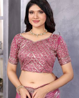 Baby pink shimmer chiffon embroidery saree with unstitched blouse piece 5