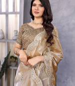 Beige shimmer chiffon embroidery saree with unstitched blouse piece