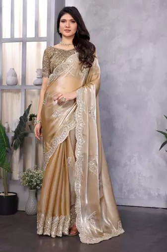 Beige shimmer chiffon embroidery saree with unstitched blouse piece