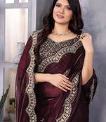 Wine shimmer chiffon embroidery saree with unstitched blouse piece