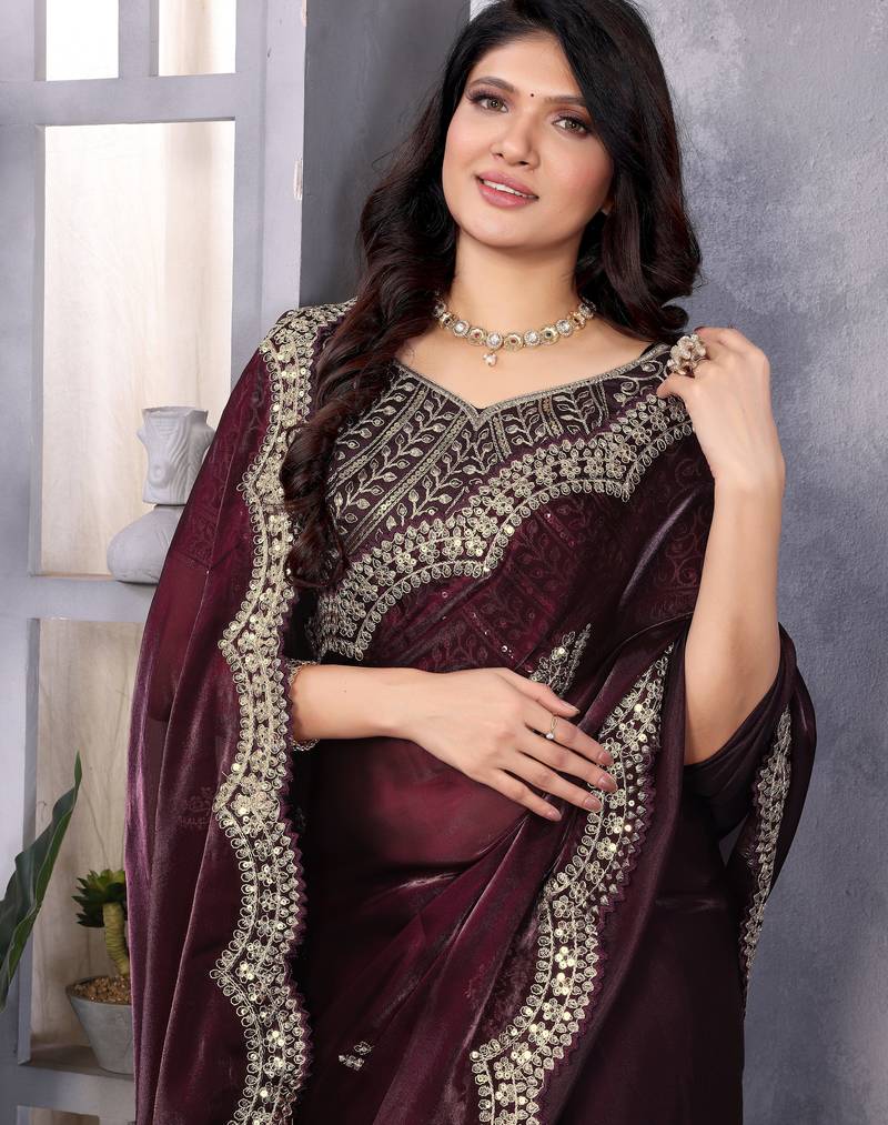Wine soft shimmer chiffon embroidery work designer party wear festive saree with unstitched blouse piece