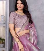 Lavender soft shimmer chiffon embroidery work designer party wear festive saree with unstitched blouse piece