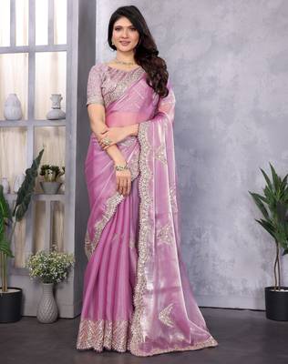 Lavender shimmer chiffon embroidery saree with unstitched blouse piece 2