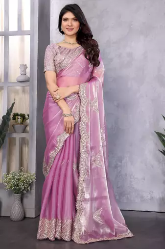 Lavender shimmer chiffon embroidery saree with unstitched blouse piece