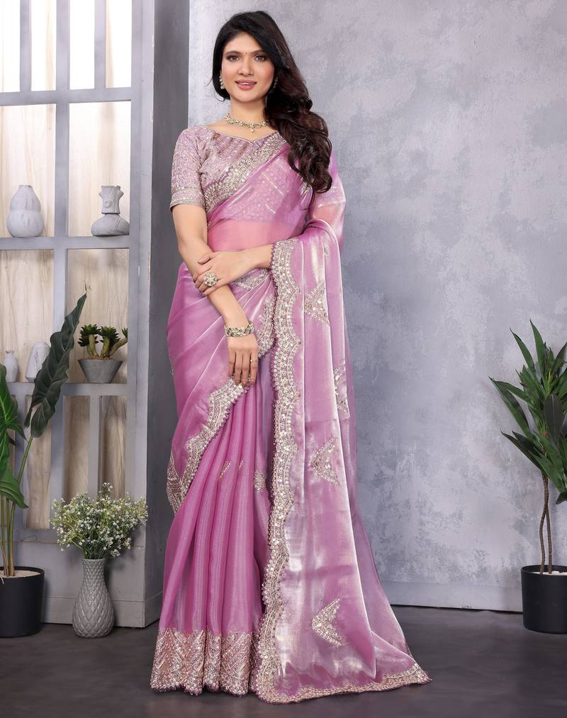 Lavender soft shimmer chiffon embroidery work designer party wear festive saree with unstitched blouse piece