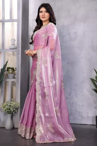 Lavender shimmer chiffon embroidery saree with unstitched blouse piece