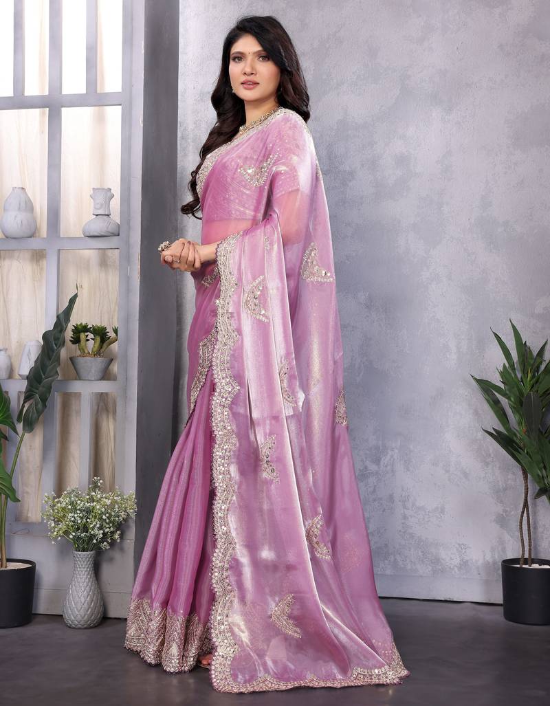 Lavender soft shimmer chiffon embroidery work designer party wear festive saree with unstitched blouse piece