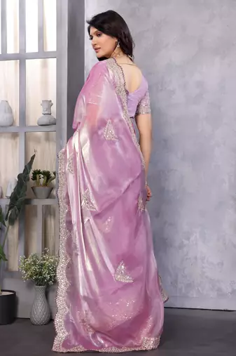Lavender shimmer chiffon embroidery saree with unstitched blouse piece