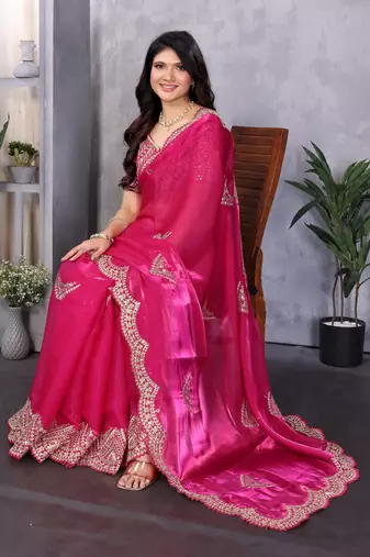 Rani pink soft shimmer chiffon embroidery work designer party wear festive saree with unstitched blouse piece