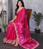 Rani pink shimmer chiffon embroidery saree with unstitched blouse piece