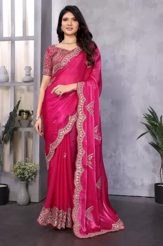Rani pink shimmer chiffon embroidery saree with unstitched blouse piece