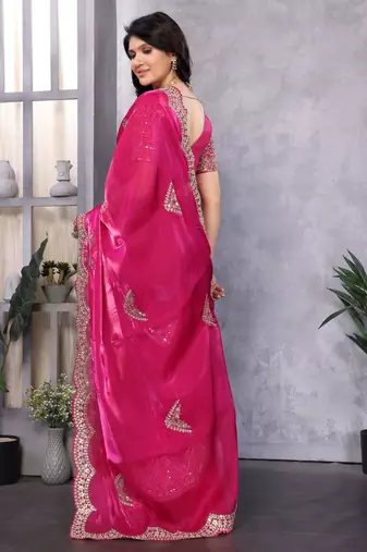 Rani pink shimmer chiffon embroidery saree with unstitched blouse piece