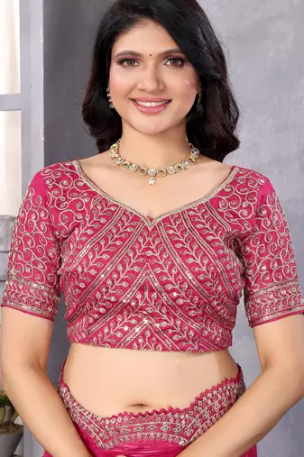 Rani pink shimmer chiffon embroidery saree with unstitched blouse piece