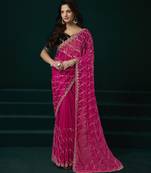 Pink net sequence emboidery festive saree with unstitched blouse piece