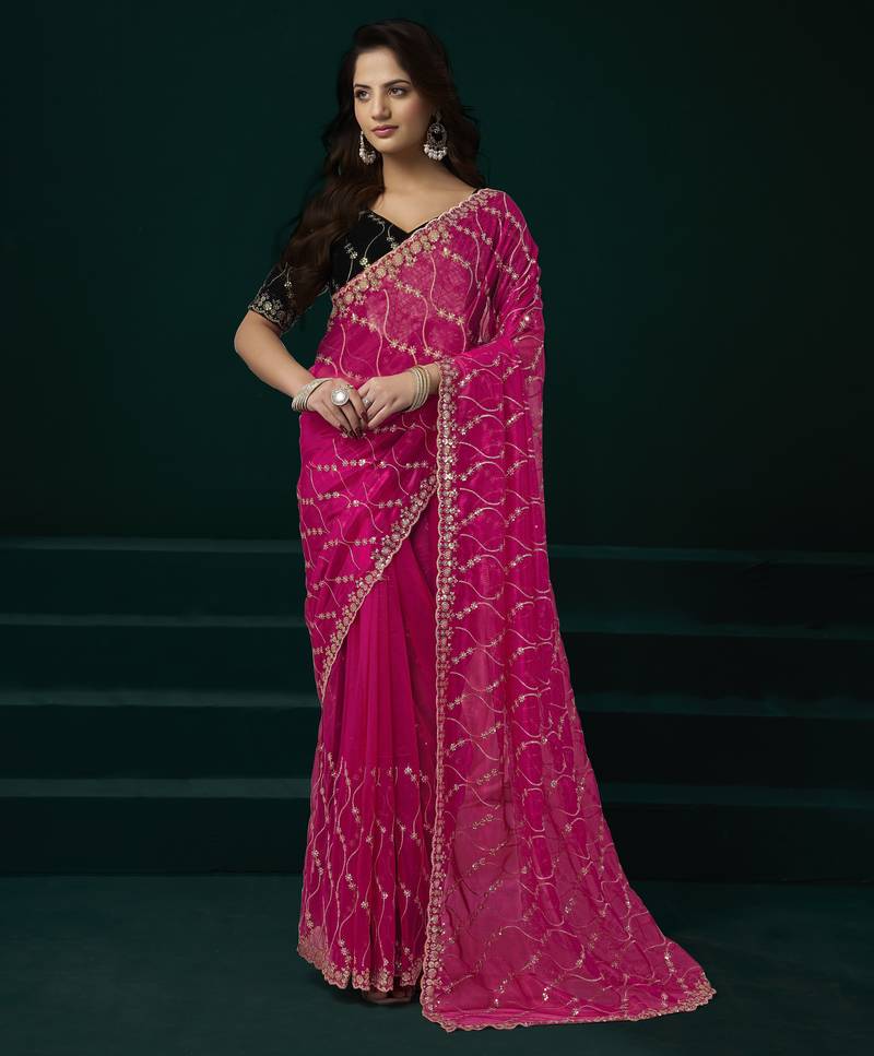 Pink soft net sequence emboidery designer party wear festive saree with unstitched blouse piece