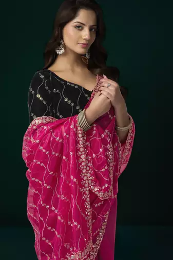 Pink net sequence emboidery festive saree with unstitched blouse piece