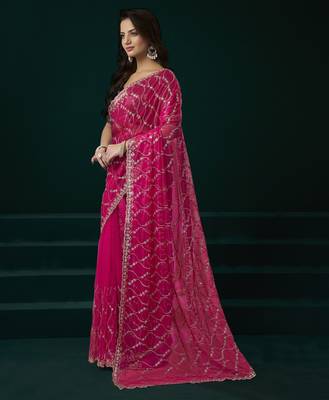 Pink net sequence emboidery festive saree with unstitched blouse piece 3