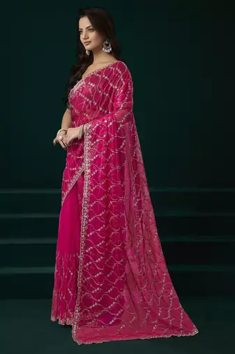 Pink net sequence emboidery festive saree with unstitched blouse piece