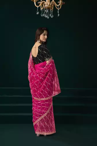 Pink net sequence emboidery festive saree with unstitched blouse piece