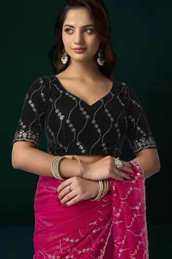 Pink net sequence emboidery festive saree with unstitched blouse piece