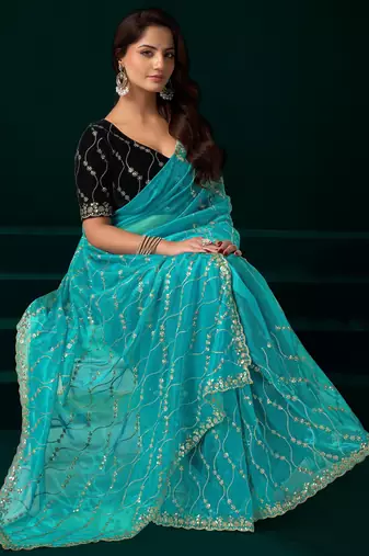 Rama  soft net sequence emboidery designer party wear festive saree with unstitched blouse piece