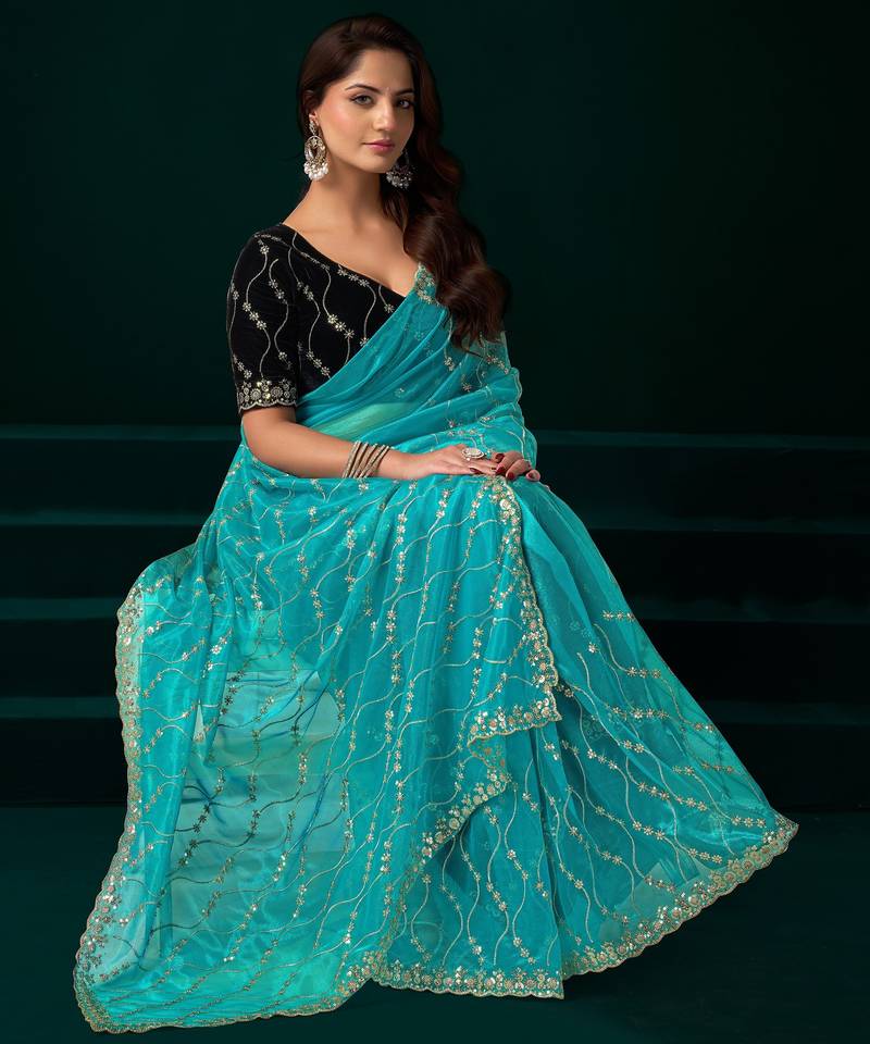 Rama  soft net sequence emboidery designer party wear festive saree with unstitched blouse piece