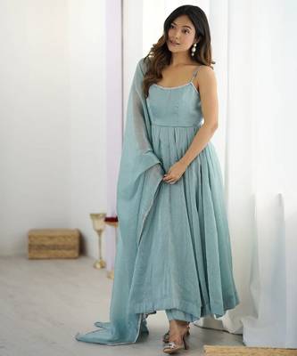 Elegant crunch silk hotfix work gown set with dupatta & pant for women 1
