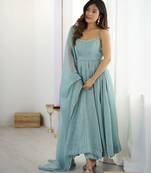 Elegant crunch silk hotfix work gown set with dupatta & pant for women