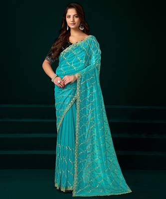 Rama net sequence emboidery festive saree with unstitched blouse piece 2