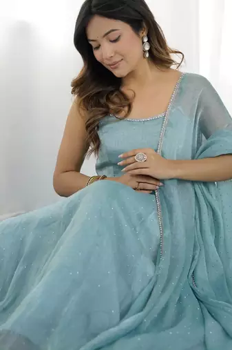 Elegant crunch silk hotfix work gown set with dupatta & pant for women