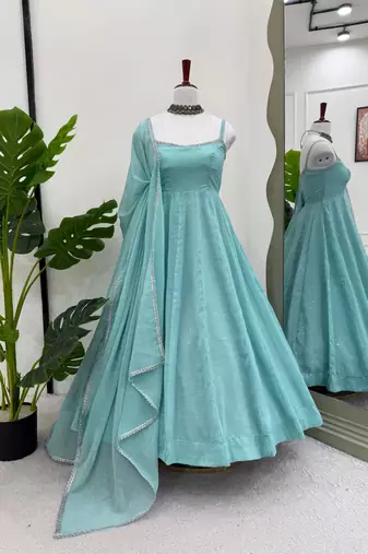 Elegant crunch silk hotfix work gown set with dupatta & pant for women