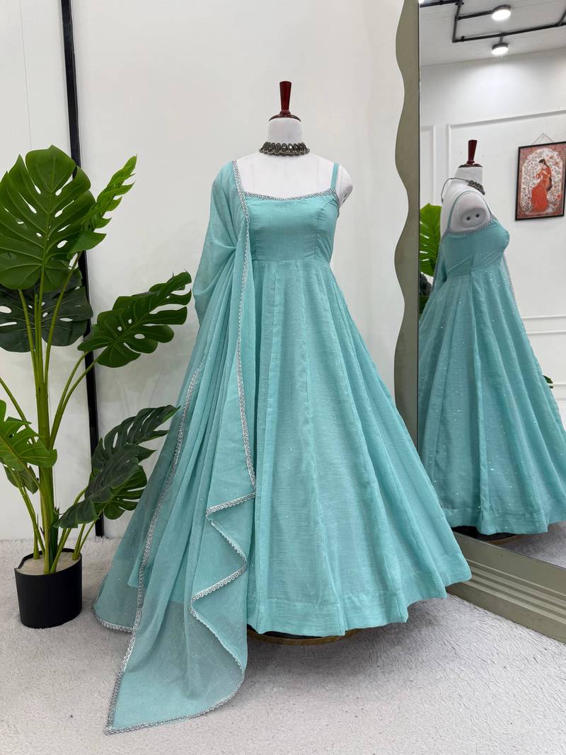 Elegant crunch silk hotfix work gown set with dupatta & pant for women