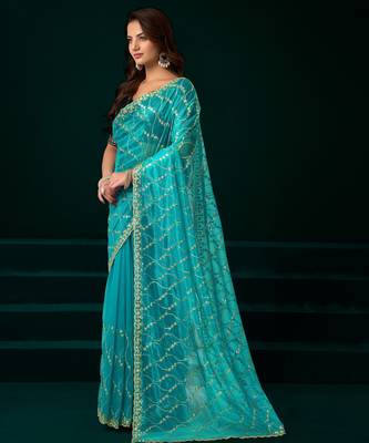 Rama net sequence emboidery festive saree with unstitched blouse piece 3