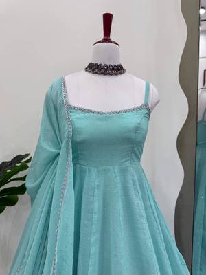 Elegant crunch silk hotfix work gown set with dupatta & pant for women 4