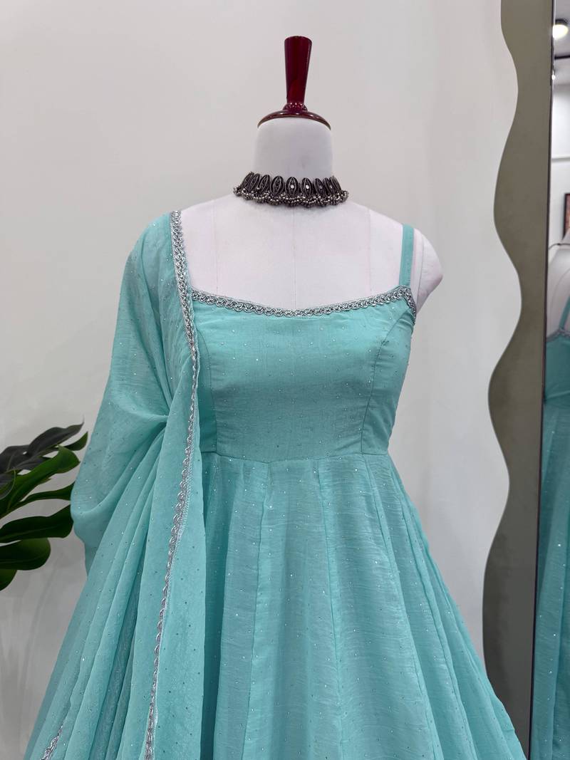 Elegant crunch silk hotfix work gown set with dupatta & pant for women