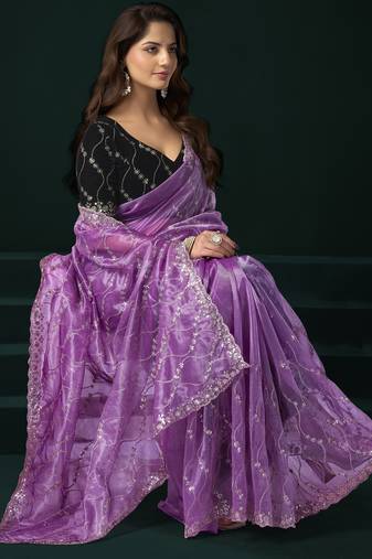 Lavender net sequence emboidery festive saree with unstitched blouse piece