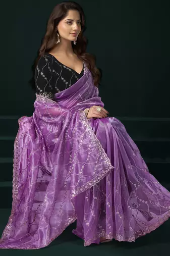 Lavender net sequence emboidery festive saree with unstitched blouse piece
