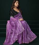 Lavender net sequence emboidery festive saree with unstitched blouse piece