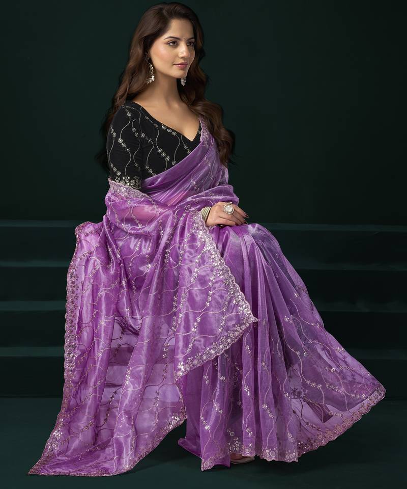Lavender  soft net sequence emboidery designer party wear festive saree with unstitched blouse piece