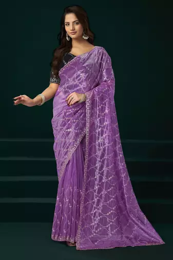 Lavender net sequence emboidery festive saree with unstitched blouse piece